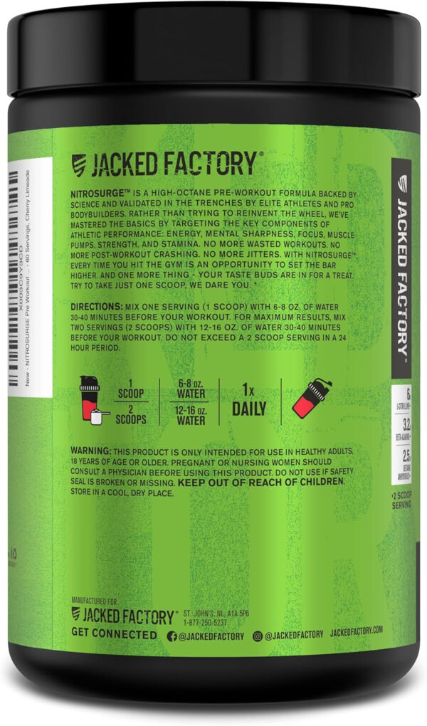 6895ced52d11f262dc31f911b5da1780d8c019c16ee7b6660a769.jpg Jacked Factory NITROSURGE Pre Workout Supplement - Energy Booster, Instant Strength Gains, Clear Focus, & Intense Pumps - NO Booster & Powerful Preworkout Energy Powder - 60 Servings, Blue Raspberry