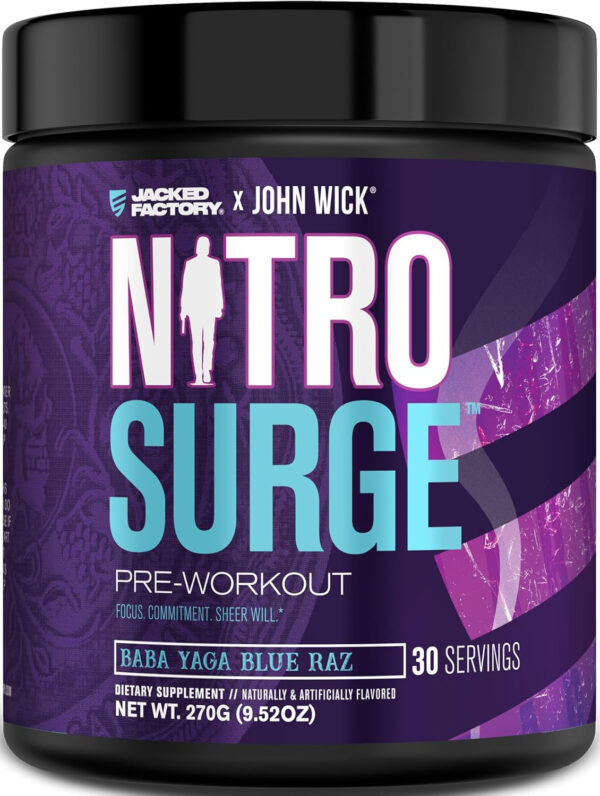 6895ced70da95959f55d1b22cbcbb8878f16a9604d2462955005e.jpg Jacked Factory NITROSURGE Pre Workout Supplement - Energy Booster, Instant Strength Gains, Clear Focus, & Intense Pumps - NO Booster & Powerful Preworkout Energy Powder - 60 Servings, Blue Raspberry