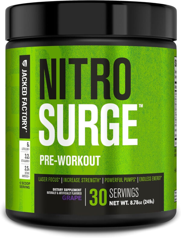 6895cef3dee89816cad2e1ffe70e9b94fd69ef85ed541ba96ba0b.jpg Jacked Factory NITROSURGE Pre Workout Supplement - Energy Booster, Instant Strength Gains, Clear Focus, & Intense Pumps - NO Booster & Powerful Preworkout Energy Powder - 60 Servings, Blue Raspberry