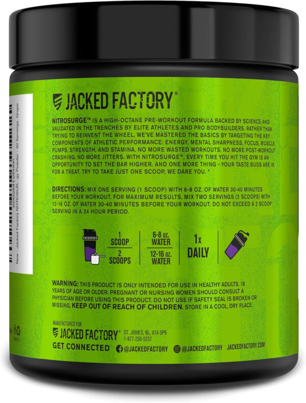 6895cef93478c0e0854e9264dfbb2fa7c636697d4122fb62edf68.jpg Jacked Factory NITROSURGE Pre Workout Supplement - Energy Booster, Instant Strength Gains, Clear Focus, & Intense Pumps - NO Booster & Powerful Preworkout Energy Powder - 60 Servings, Blue Raspberry