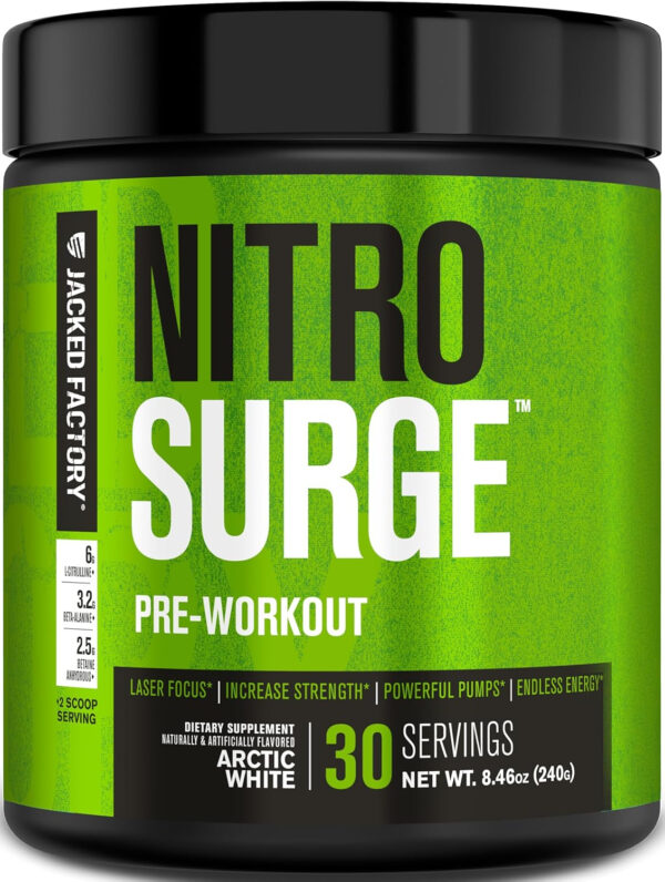 6895cefc306656852c23b3a99c6ddcfc254e97a92f7a2496d8d7f.jpg Jacked Factory NITROSURGE Pre Workout Supplement - Energy Booster, Instant Strength Gains, Clear Focus, & Intense Pumps - NO Booster & Powerful Preworkout Energy Powder - 60 Servings, Blue Raspberry