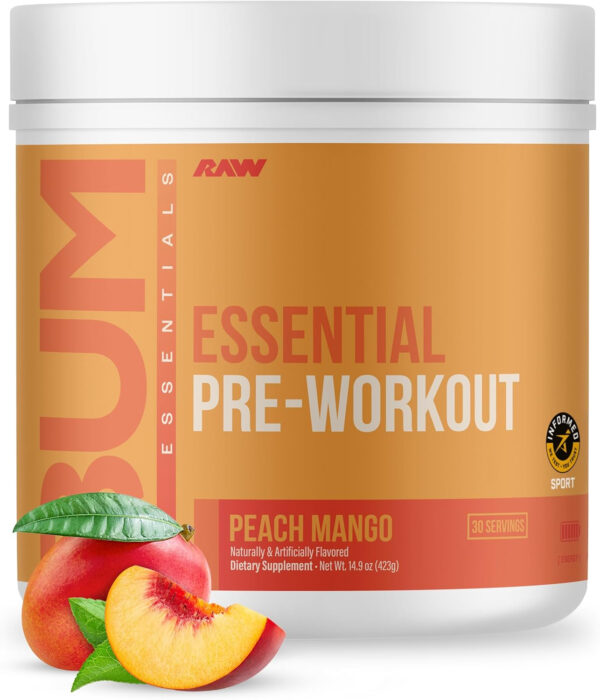 RAW Nutrition - Essential Pre - Chris Bumstead Pre Workout Formula, Sports Nutrition Pre-Workout Powders | Men & Womens Drink, Energy Powder for Working Out (Peach Mango)