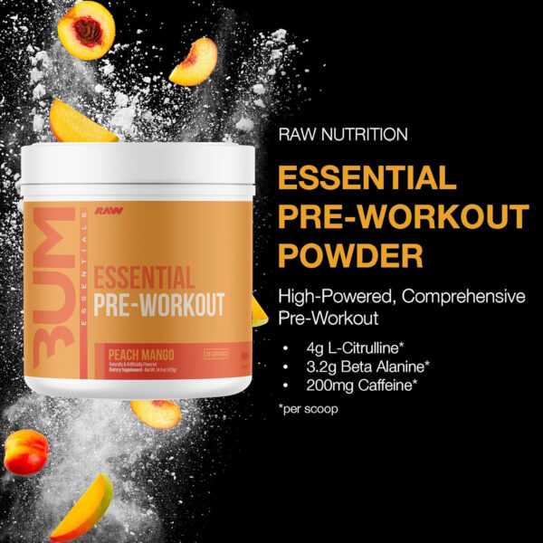 RAW Nutrition - Essential Pre - Chris Bumstead Pre Workout Formula, Sports Nutrition Pre-Workout Powders | Men & Womens Drink, Energy Powder for Working Out (Peach Mango)
