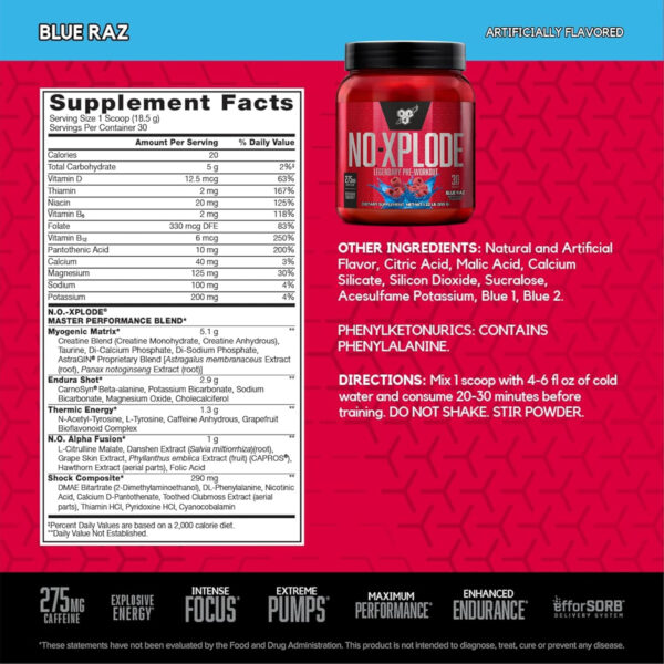 6895d0e1ef19f4ba0210caca06d0cf0ff3ab967ba53cd39701974.jpg BSN N.O.-XPLODE Pre Workout Powder, Energy Supplement for Men and Women with Creatine and Beta-Alanine, Flavor: Fruit Punch, 30 Servings
