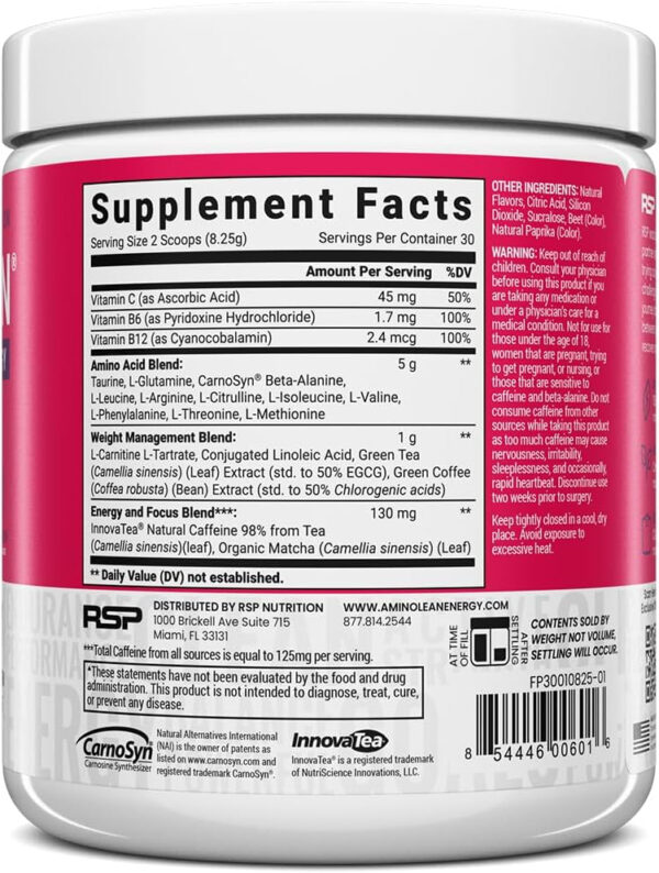 RSP NUTRITION AminoLean Pre Workout Powder, Amino Energy & Weight Management with Vegan BCAA Amino Acids, Natural Caffeine, Preworkout Boost for Men & Women, 30 Serv, Pink Lemonade…