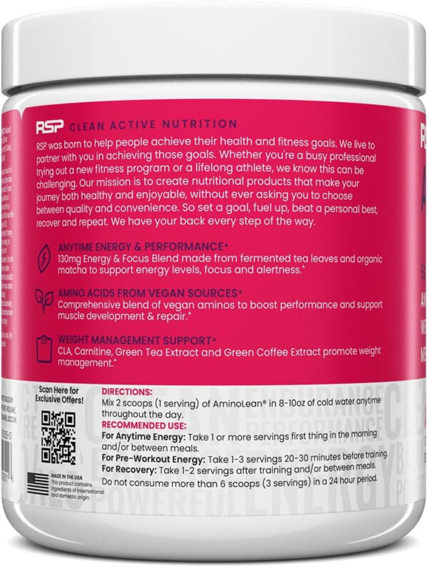RSP NUTRITION AminoLean Pre Workout Powder, Amino Energy & Weight Management with Vegan BCAA Amino Acids, Natural Caffeine, Preworkout Boost for Men & Women, 30 Serv, Pink Lemonade…