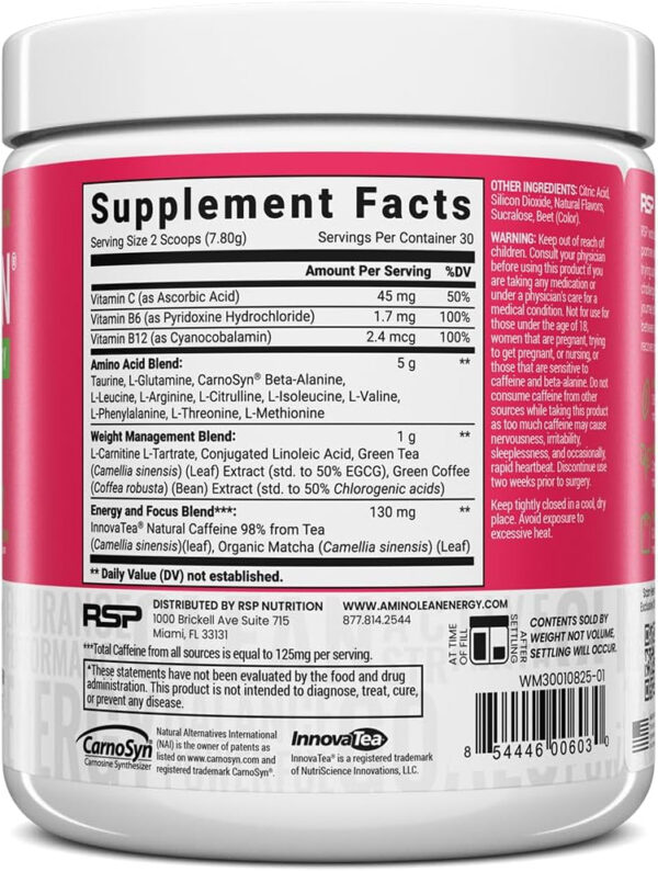RSP NUTRITION AminoLean Pre Workout Powder, Amino Energy & Weight Management with Vegan BCAA Amino Acids, Natural Caffeine, Preworkout Boost for Men & Women, 30 Serv, Pink Lemonade…