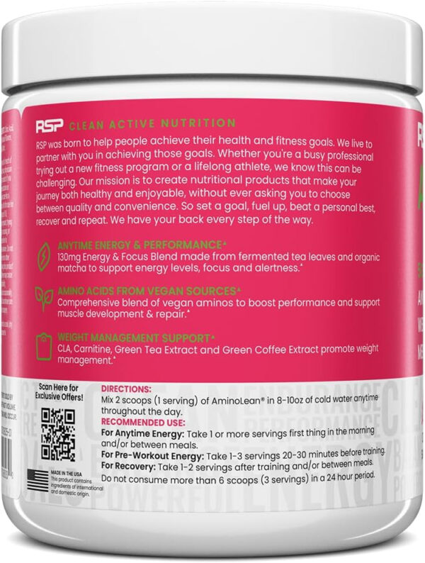 RSP NUTRITION AminoLean Pre Workout Powder, Amino Energy & Weight Management with Vegan BCAA Amino Acids, Natural Caffeine, Preworkout Boost for Men & Women, 30 Serv, Pink Lemonade…