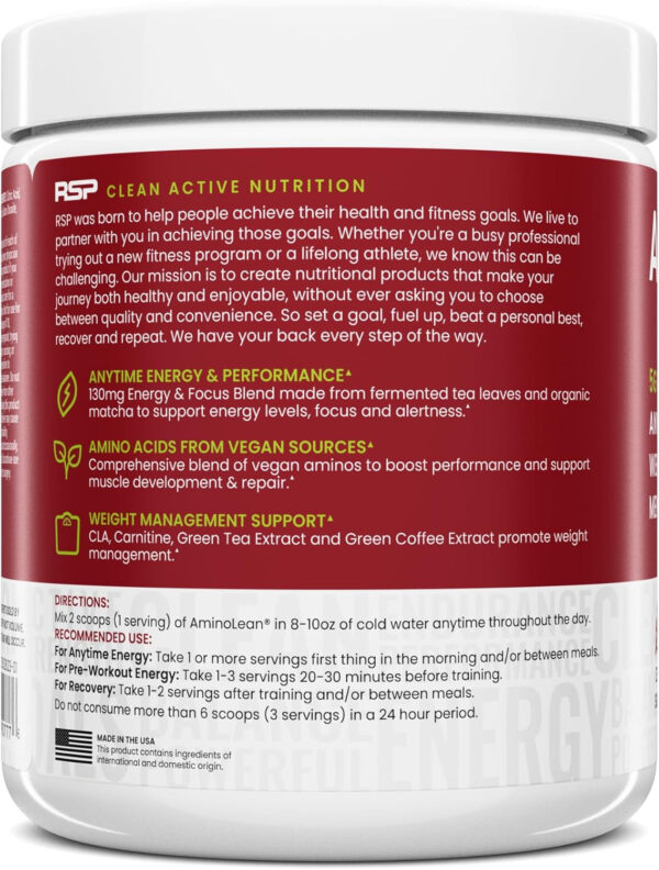 RSP NUTRITION AminoLean Pre Workout Powder, Amino Energy & Weight Management with Vegan BCAA Amino Acids, Natural Caffeine, Preworkout Boost for Men & Women, 30 Serv, Pink Lemonade…