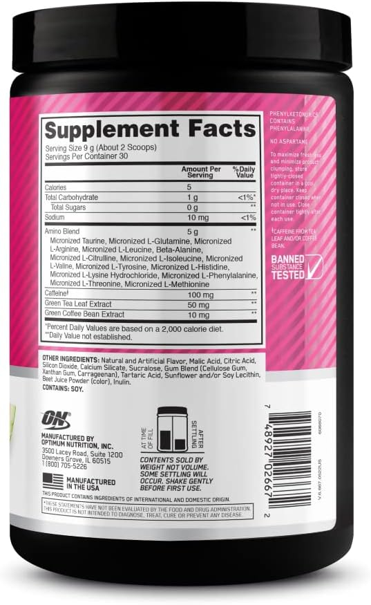 Optimum Nutrition Amino Energy - Pre Workout with Green Tea, BCAA, Amino Acids, Keto Friendly, Green Coffee Extract, Energy Powder - Watermelon, 30 Servings (Packaging May Vary)