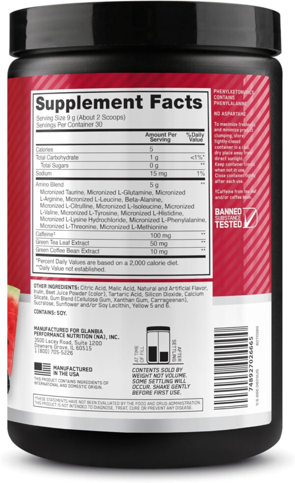 Optimum Nutrition Amino Energy - Pre Workout with Green Tea, BCAA, Amino Acids, Keto Friendly, Green Coffee Extract, Energy Powder - Watermelon, 30 Servings (Packaging May Vary)