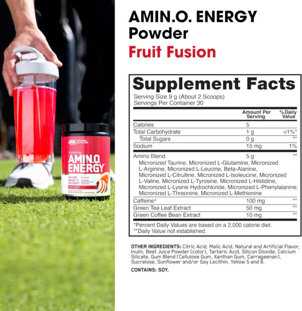 Optimum Nutrition Amino Energy - Pre Workout with Green Tea, BCAA, Amino Acids, Keto Friendly, Green Coffee Extract, Energy Powder - Watermelon, 30 Servings (Packaging May Vary)