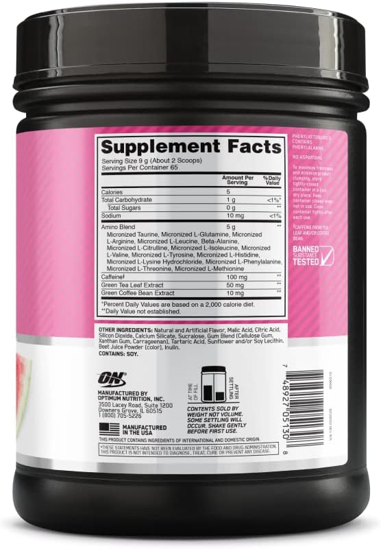 Optimum Nutrition Amino Energy - Pre Workout with Green Tea, BCAA, Amino Acids, Keto Friendly, Green Coffee Extract, Energy Powder - Watermelon, 30 Servings (Packaging May Vary)