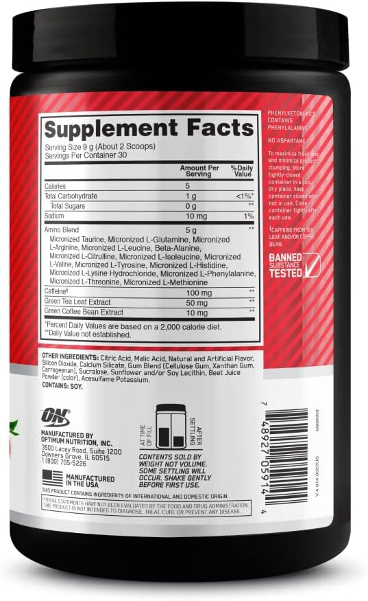 Optimum Nutrition Amino Energy - Pre Workout with Green Tea, BCAA, Amino Acids, Keto Friendly, Green Coffee Extract, Energy Powder - Watermelon, 30 Servings (Packaging May Vary)