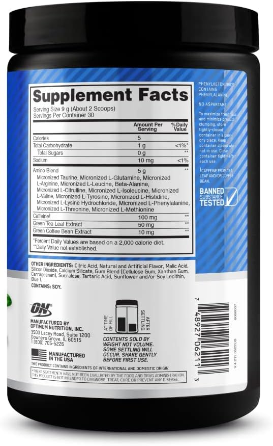 Optimum Nutrition Amino Energy - Pre Workout with Green Tea, BCAA, Amino Acids, Keto Friendly, Green Coffee Extract, Energy Powder - Watermelon, 30 Servings (Packaging May Vary)