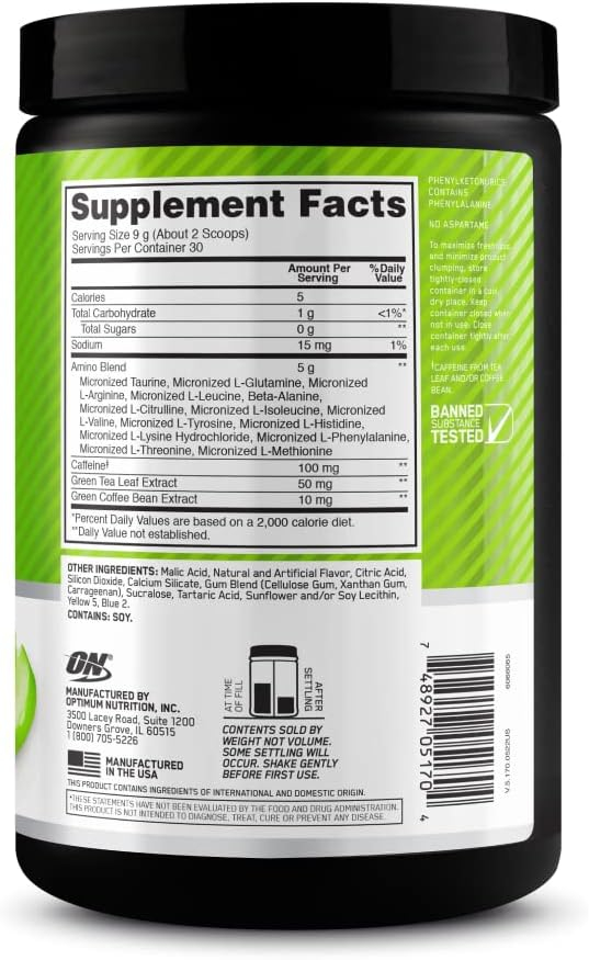 Optimum Nutrition Amino Energy - Pre Workout with Green Tea, BCAA, Amino Acids, Keto Friendly, Green Coffee Extract, Energy Powder - Watermelon, 30 Servings (Packaging May Vary)