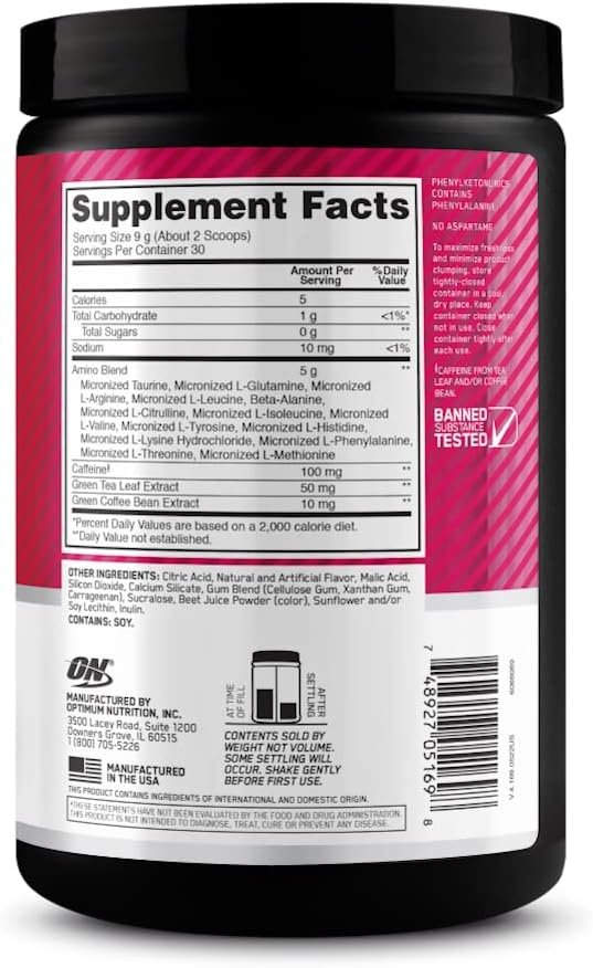 Optimum Nutrition Amino Energy - Pre Workout with Green Tea, BCAA, Amino Acids, Keto Friendly, Green Coffee Extract, Energy Powder - Watermelon, 30 Servings (Packaging May Vary)