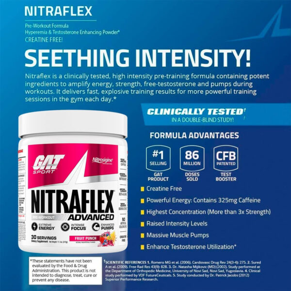 GAT SPORT Nitraflex Advanced Pre-Workout Powder, Increases Blood Flow, Boosts Strength and Energy, Improves Exercise Performance, Men & Women (Fruit Punch, 30 Servings)