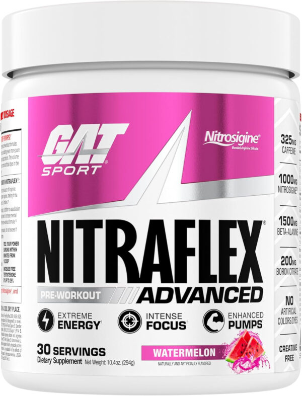 GAT SPORT Nitraflex Advanced Pre-Workout Powder, Increases Blood Flow, Boosts Strength and Energy, Improves Exercise Performance, Men & Women (Fruit Punch, 30 Servings)