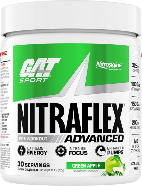 GAT SPORT Nitraflex Advanced Pre-Workout Powder, Increases Blood Flow, Boosts Strength and Energy, Improves Exercise Performance, Men & Women (Fruit Punch, 30 Servings)