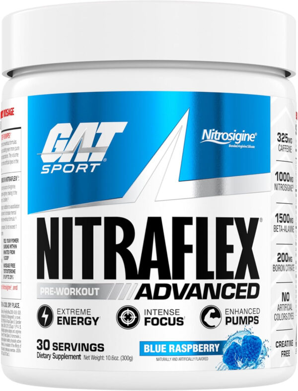 GAT SPORT Nitraflex Advanced Pre-Workout Powder, Increases Blood Flow, Boosts Strength and Energy, Improves Exercise Performance, Men & Women (Fruit Punch, 30 Servings)