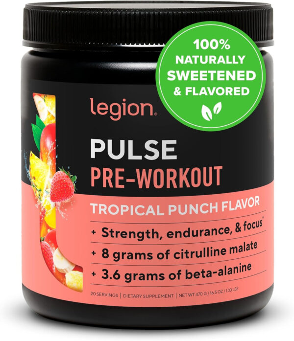 LEGION Pulse Pre Workout Supplement - All Natural Nitric Oxide Preworkout Drink to Boost Energy, Creatine Free, Naturally Sweetened, Beta Alanine, Citrulline, Alpha GPC (Fruit Punch)