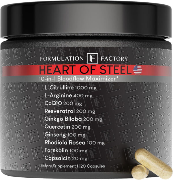 6895d614233acc7289758ee7f5e16e24d1828a0f6454c58252102.jpg Heart of Steel: 10-in-1 Metabolic Maximizer Nitric Oxide Supplement, Blood Pressure Support, L Arginine, L Citrulline Natural Pre-Workout: Energy Management 120 Count