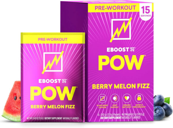 EBOOST POW Natural Pre Workout Powder - 20 Servings, Peach Nectar - Preworkout Energy Booster Gym Supplement Drink Mix for Men and Women - Performance, Joint Mobility Support - Gluten-Free
