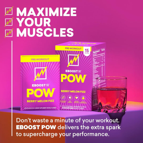 EBOOST POW Natural Pre Workout Powder - 20 Servings, Peach Nectar - Preworkout Energy Booster Gym Supplement Drink Mix for Men and Women - Performance, Joint Mobility Support - Gluten-Free
