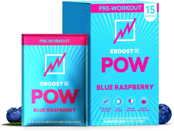 EBOOST POW Natural Pre Workout Powder - 20 Servings, Peach Nectar - Preworkout Energy Booster Gym Supplement Drink Mix for Men and Women - Performance, Joint Mobility Support - Gluten-Free