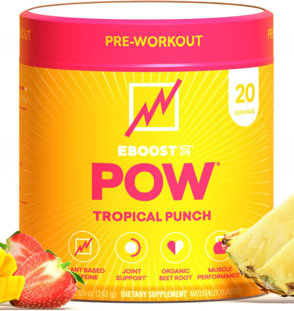 EBOOST POW Natural Pre Workout Powder - 20 Servings, Peach Nectar - Preworkout Energy Booster Gym Supplement Drink Mix for Men and Women - Performance, Joint Mobility Support - Gluten-Free