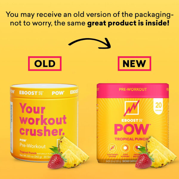 EBOOST POW Natural Pre Workout Powder - 20 Servings, Peach Nectar - Preworkout Energy Booster Gym Supplement Drink Mix for Men and Women - Performance, Joint Mobility Support - Gluten-Free