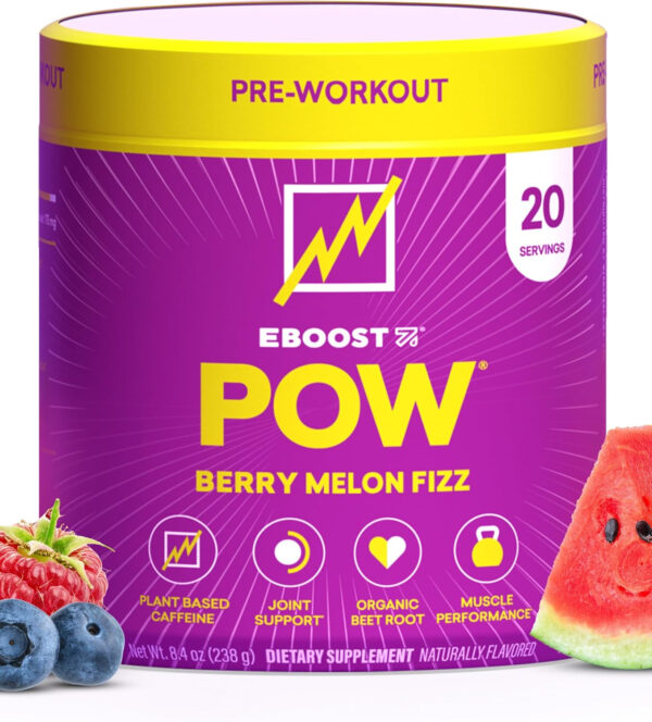 EBOOST POW Natural Pre Workout Powder - 20 Servings, Peach Nectar - Preworkout Energy Booster Gym Supplement Drink Mix for Men and Women - Performance, Joint Mobility Support - Gluten-Free