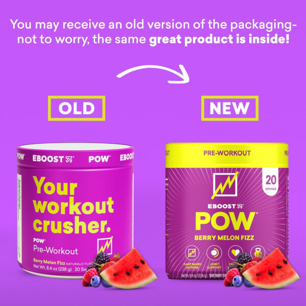 EBOOST POW Natural Pre Workout Powder - 20 Servings, Peach Nectar - Preworkout Energy Booster Gym Supplement Drink Mix for Men and Women - Performance, Joint Mobility Support - Gluten-Free