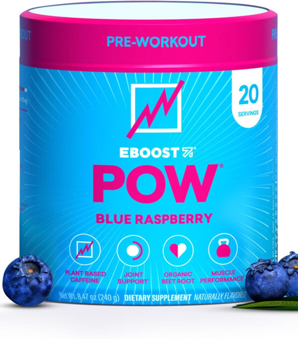 EBOOST POW Natural Pre Workout Powder - 20 Servings, Peach Nectar - Preworkout Energy Booster Gym Supplement Drink Mix for Men and Women - Performance, Joint Mobility Support - Gluten-Free