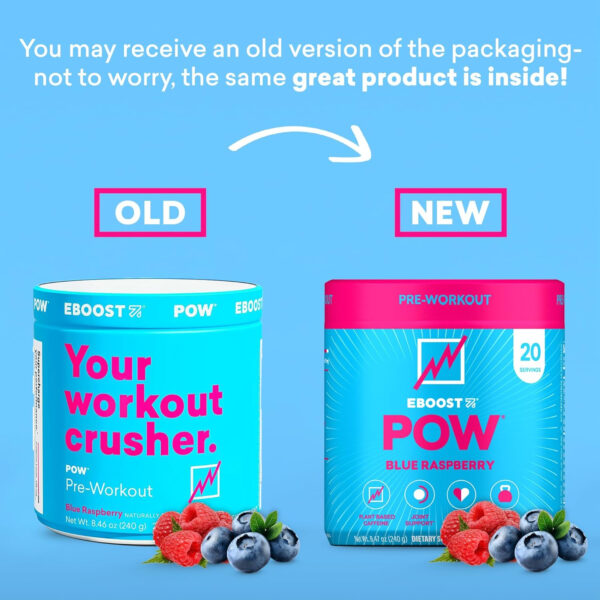 EBOOST POW Natural Pre Workout Powder - 20 Servings, Peach Nectar - Preworkout Energy Booster Gym Supplement Drink Mix for Men and Women - Performance, Joint Mobility Support - Gluten-Free