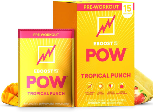 EBOOST POW Natural Pre Workout Powder - 20 Servings, Peach Nectar - Preworkout Energy Booster Gym Supplement Drink Mix for Men and Women - Performance, Joint Mobility Support - Gluten-Free