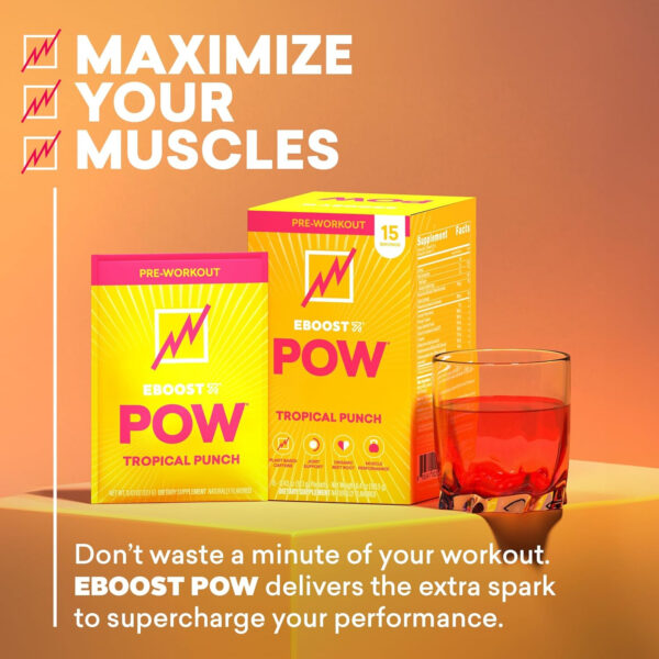 EBOOST POW Natural Pre Workout Powder - 20 Servings, Peach Nectar - Preworkout Energy Booster Gym Supplement Drink Mix for Men and Women - Performance, Joint Mobility Support - Gluten-Free