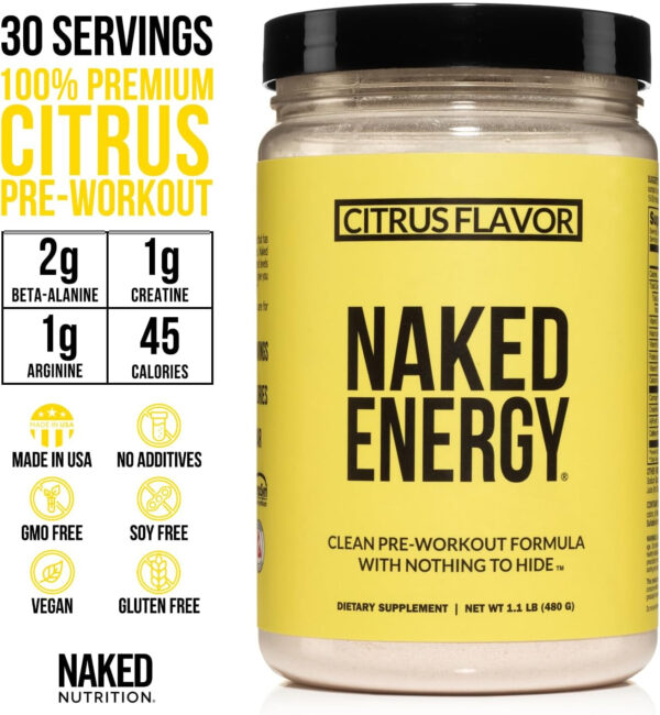 NAKED Citrus Energy - Citrus Flavored Clean Pre Workout Supplement for Men and Women, Vegan Friendly, No Added Sweeteners, Colors Or Flavors - 30 Servings