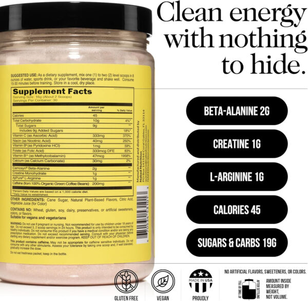 NAKED Citrus Energy - Citrus Flavored Clean Pre Workout Supplement for Men and Women, Vegan Friendly, No Added Sweeteners, Colors Or Flavors - 30 Servings