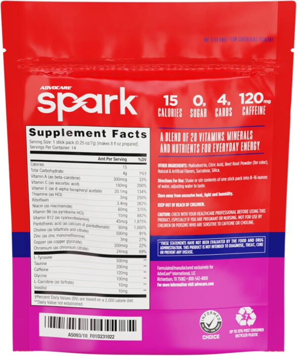 AdvoCare Spark Vitamin & Amino Acid Supplement - Focus & Energy Drink Powder Mix with Vitamin A, B-6, C & E - Also Includes L-Carnitine & L-Tyrosine - Mango Strawberry, 14 Stick Packs