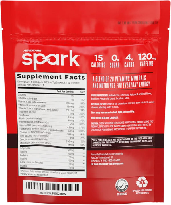 AdvoCare Spark Vitamin & Amino Acid Supplement - Focus & Energy Drink Powder Mix with Vitamin A, B-6, C & E - Also Includes L-Carnitine & L-Tyrosine - Mango Strawberry, 14 Stick Packs