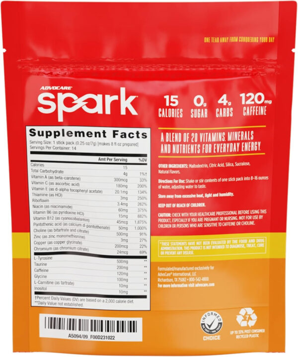 AdvoCare Spark Vitamin & Amino Acid Supplement - Focus & Energy Drink Powder Mix with Vitamin A, B-6, C & E - Also Includes L-Carnitine & L-Tyrosine - Mango Strawberry, 14 Stick Packs