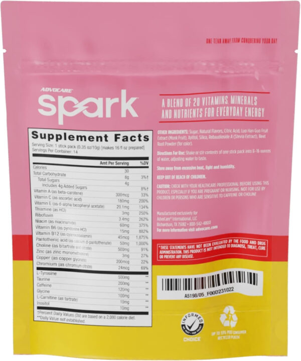 AdvoCare Spark Vitamin & Amino Acid Supplement - Focus & Energy Drink Powder Mix with Vitamin A, B-6, C & E - Also Includes L-Carnitine & L-Tyrosine - Mango Strawberry, 14 Stick Packs